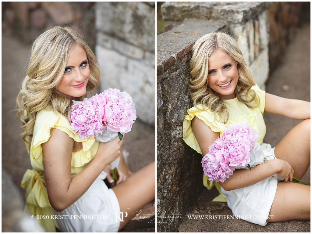 Pictures of Senior girl in spring style sitting on stone bridge with flowers