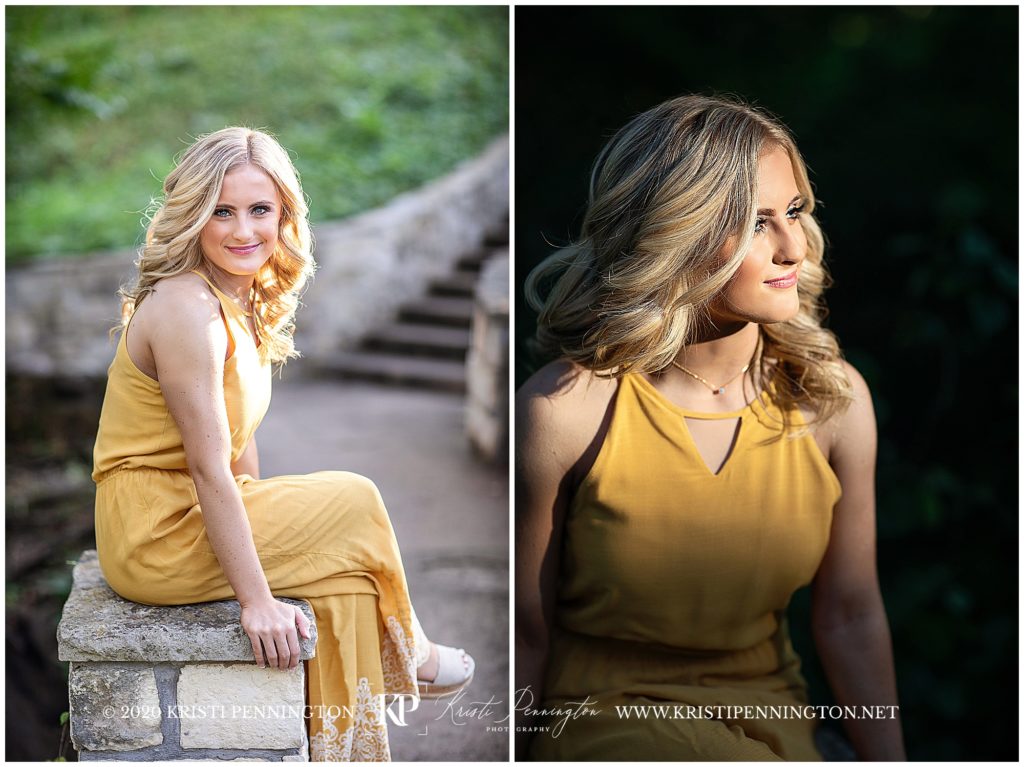 Senior girl in yellow jumpsuit sitting on stone bridge, senior photography 