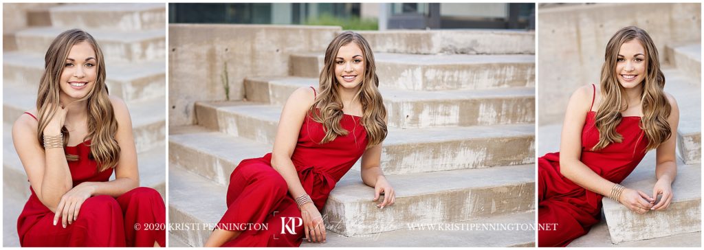 senior girl in red jumpsuit sitting on steps in dallas arts district