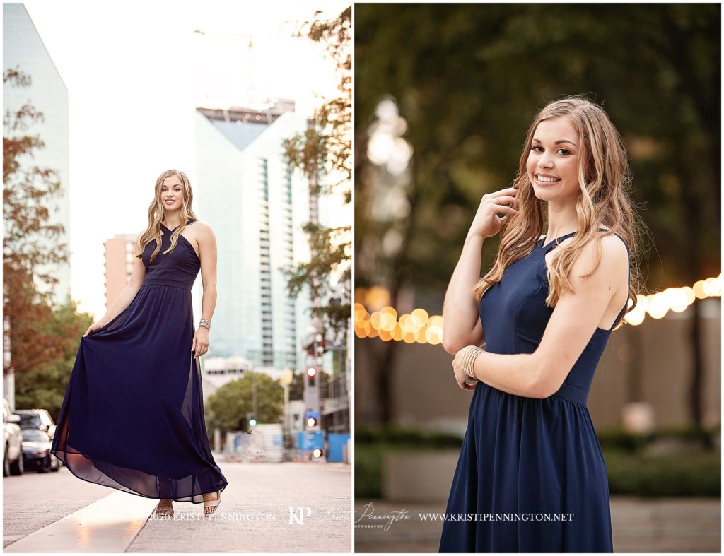 senior girl in blue dress in downtown dallas arts district