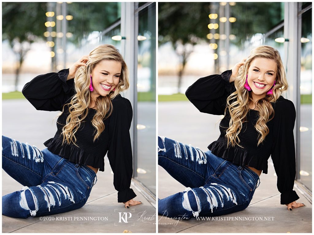 Uptown Girl Senior portraits in downtown Dallas with reflections in glass