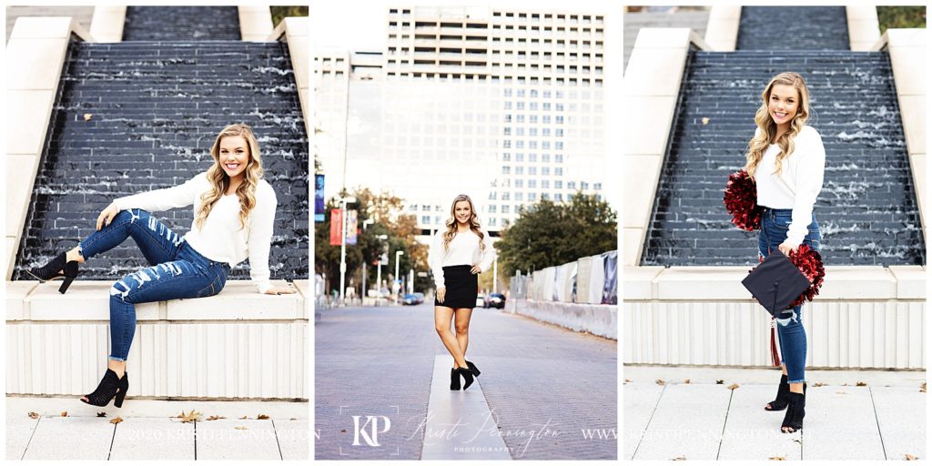Uptown Girl Senior portraits in the Dallas Arts District with fountain and cheer pose. 