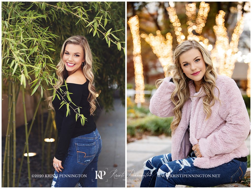 Senior portraits in downtown Dallas with faux fur jacket, bamboo and bokeh lights
