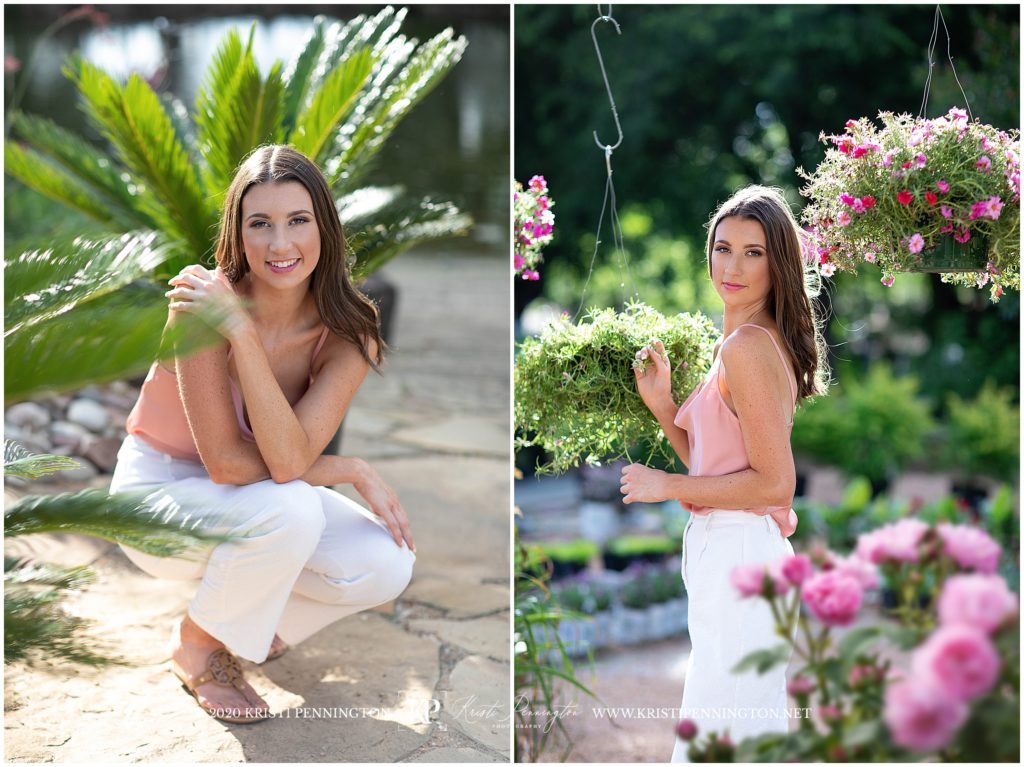 senior girl in pink top and white pants in garden